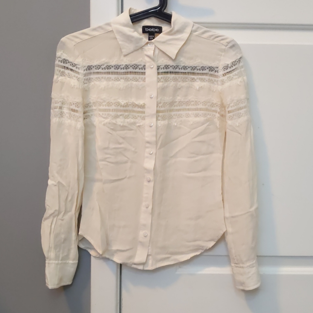 Bebe ivory lacey silk button down shirt